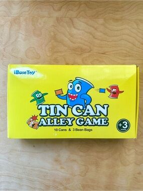 iBaseToy Tin Can Alley Game 10 Cans 3 Bean Bags Kids Carnival Toss Complete